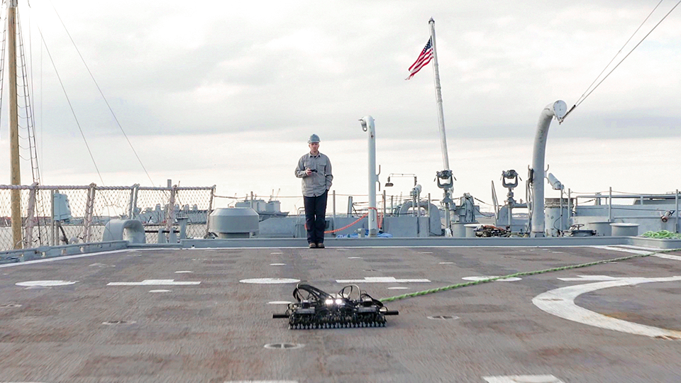 Gecko Robotics TOKA using ultrasonic sensors to scan a ship deck.